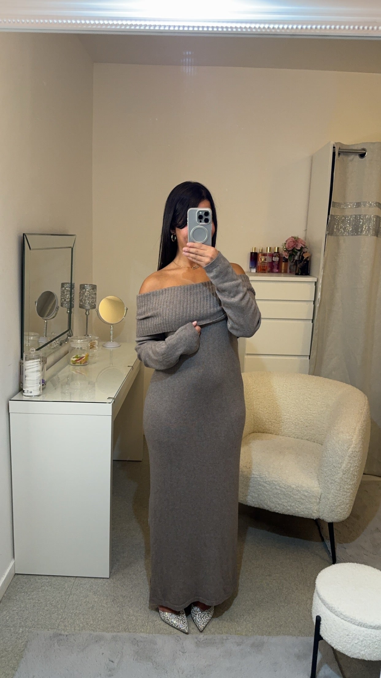 Robe col bateau taupe