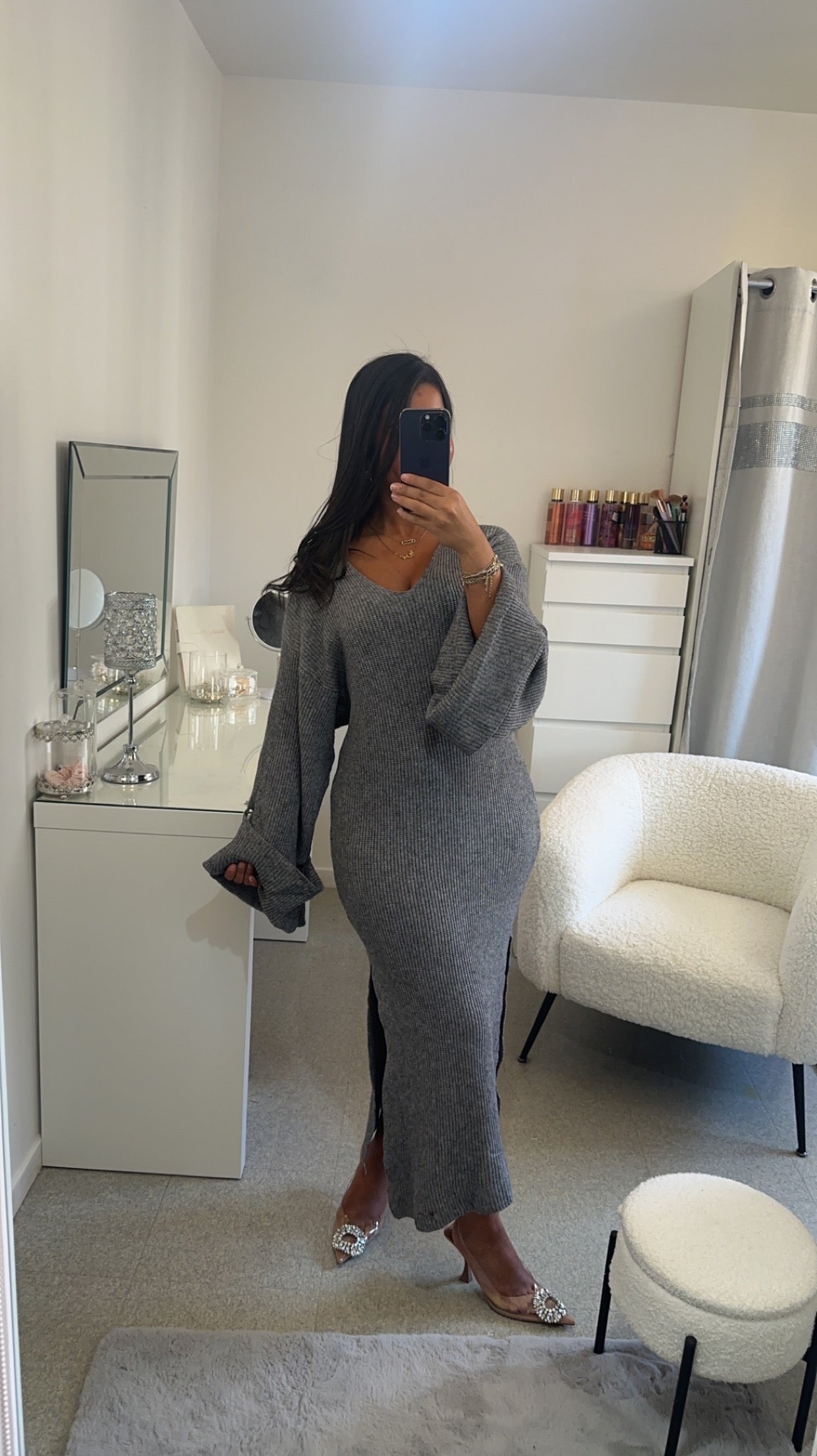 Robe manche bouffante gris