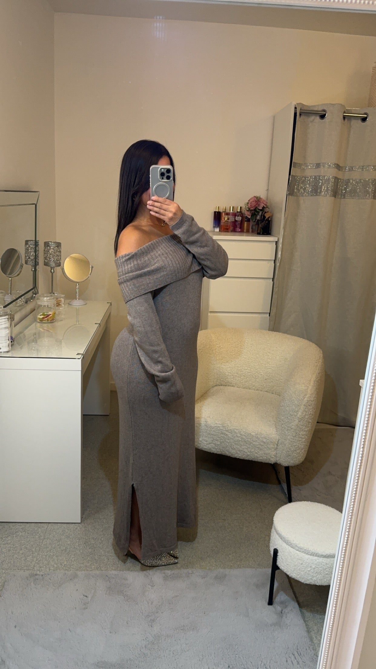 Robe col bateau taupe