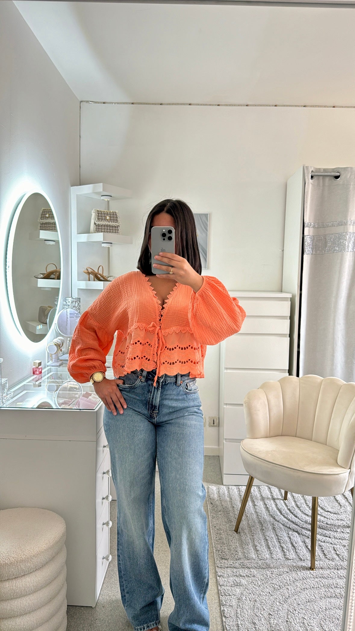 Chemise Naïa en gaz et dentelle orange