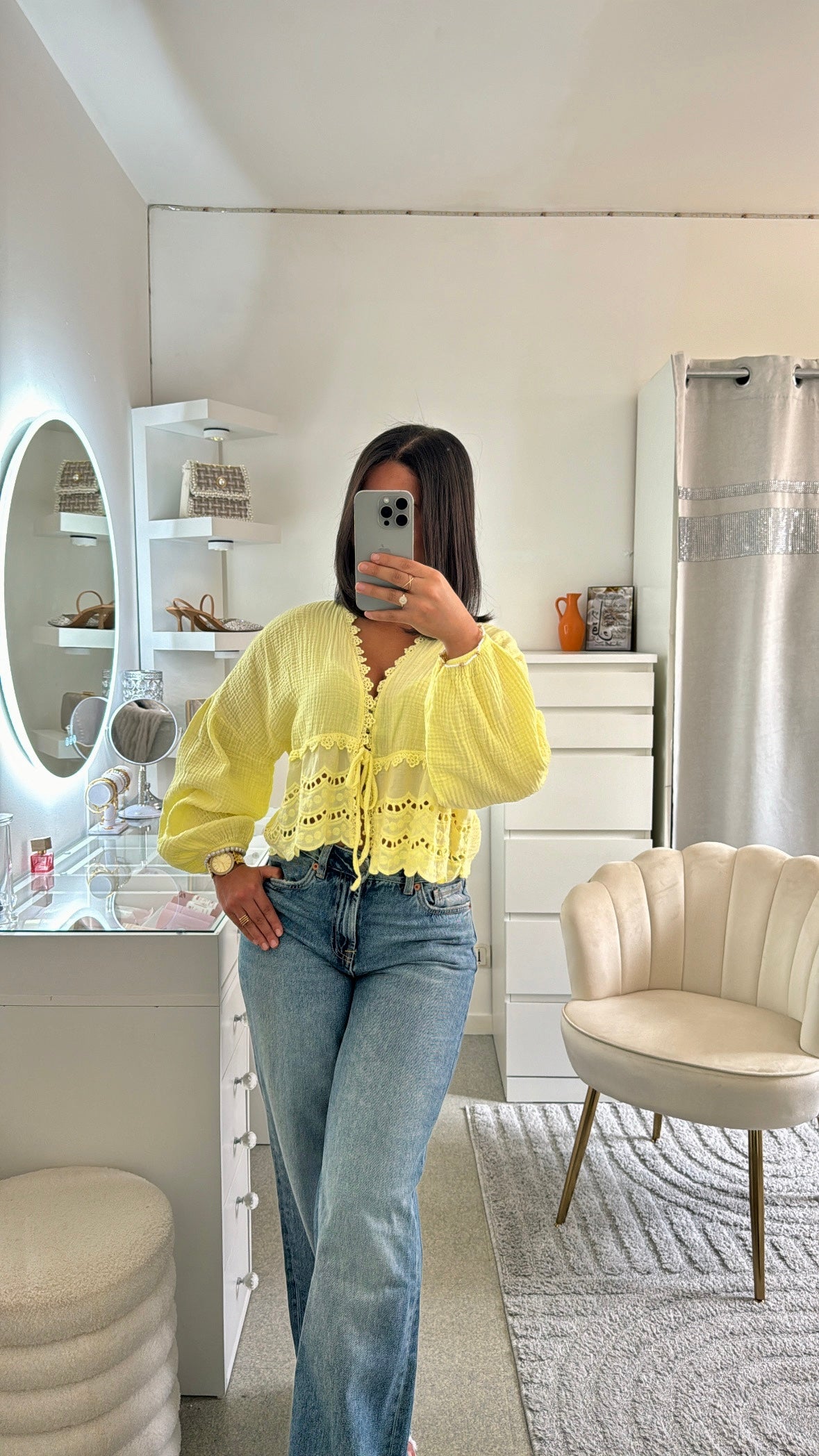 Chemise Naia en gaz et dentelle jaune