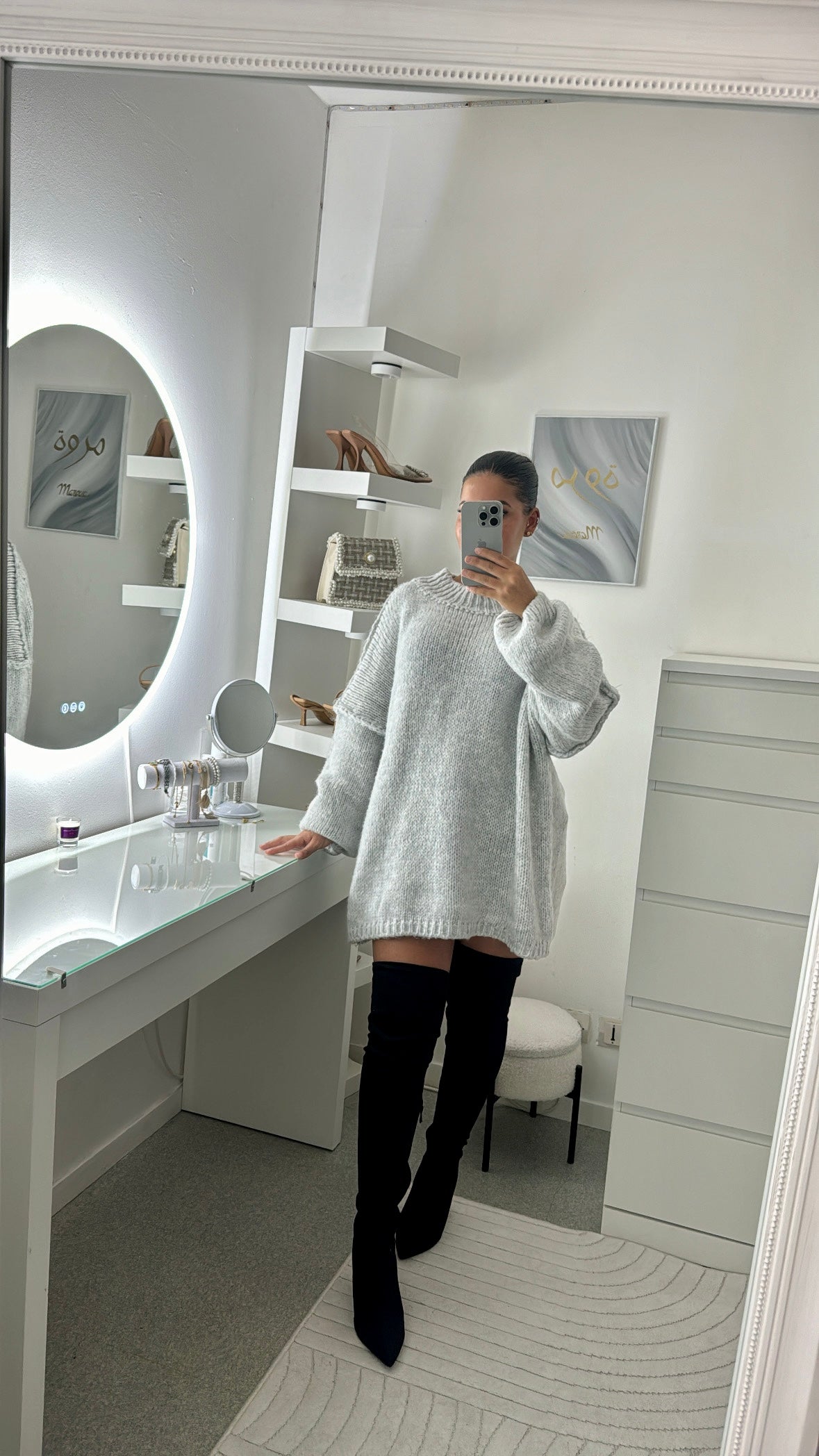 Pull long épais en laine gris