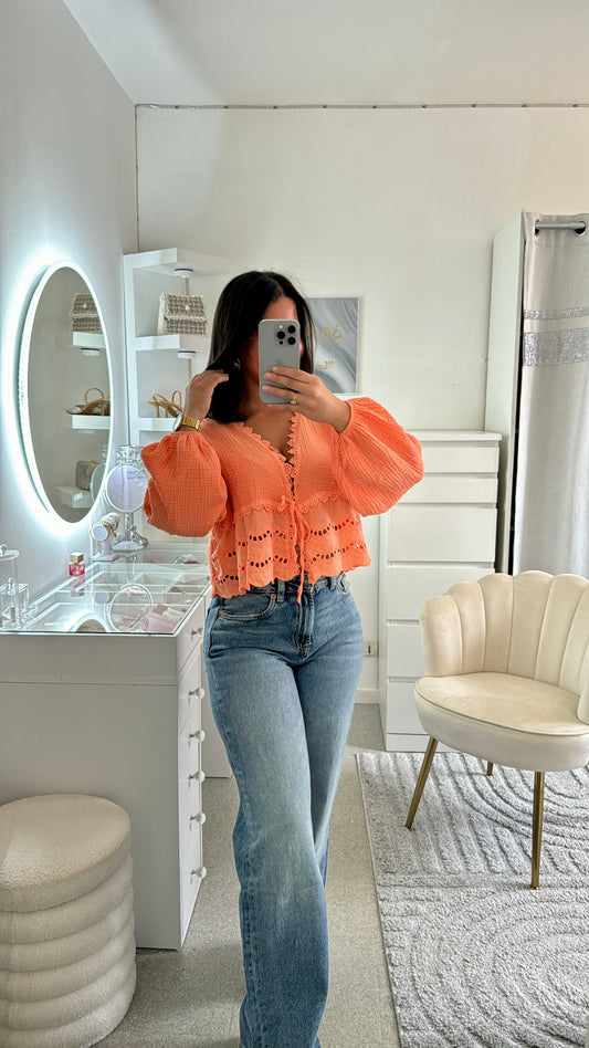 Chemise Naïa en gaz et dentelle orange