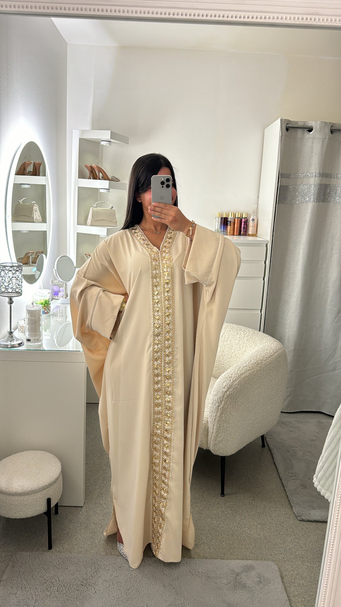 Abaya avec strass beige