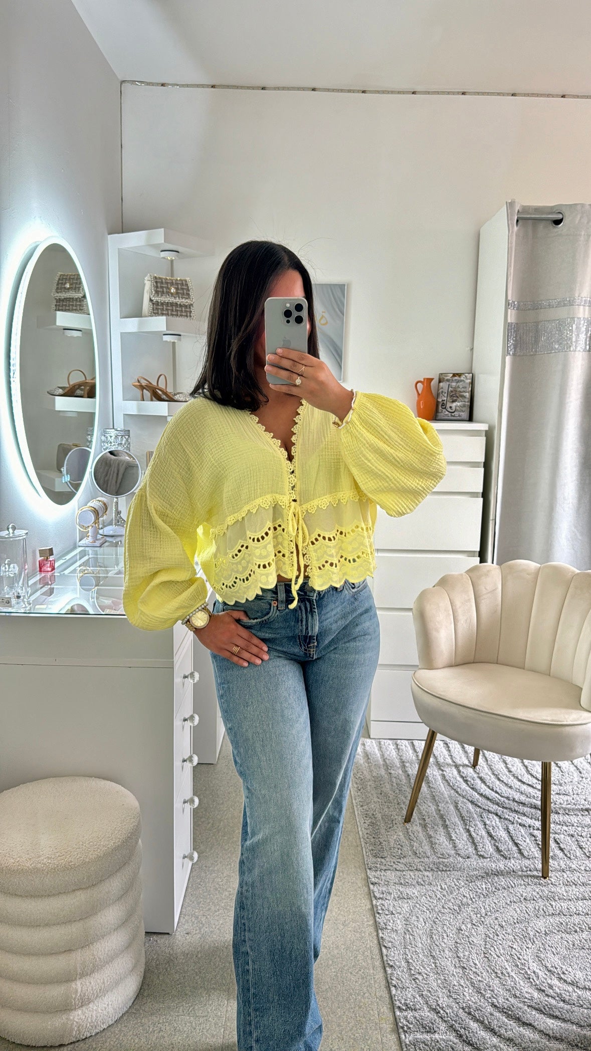 Chemise Naia en gaz et dentelle jaune