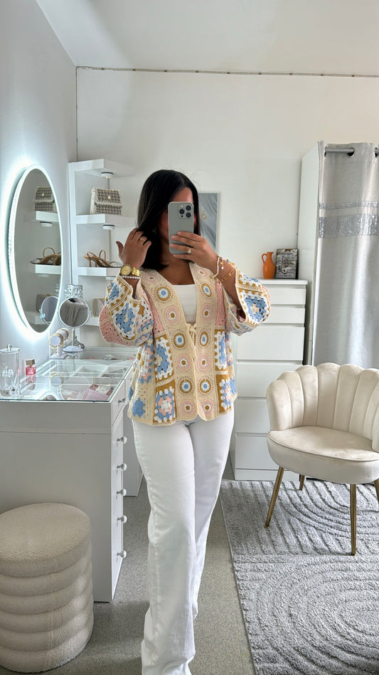 Cardigan en crochet à lacet multicolore