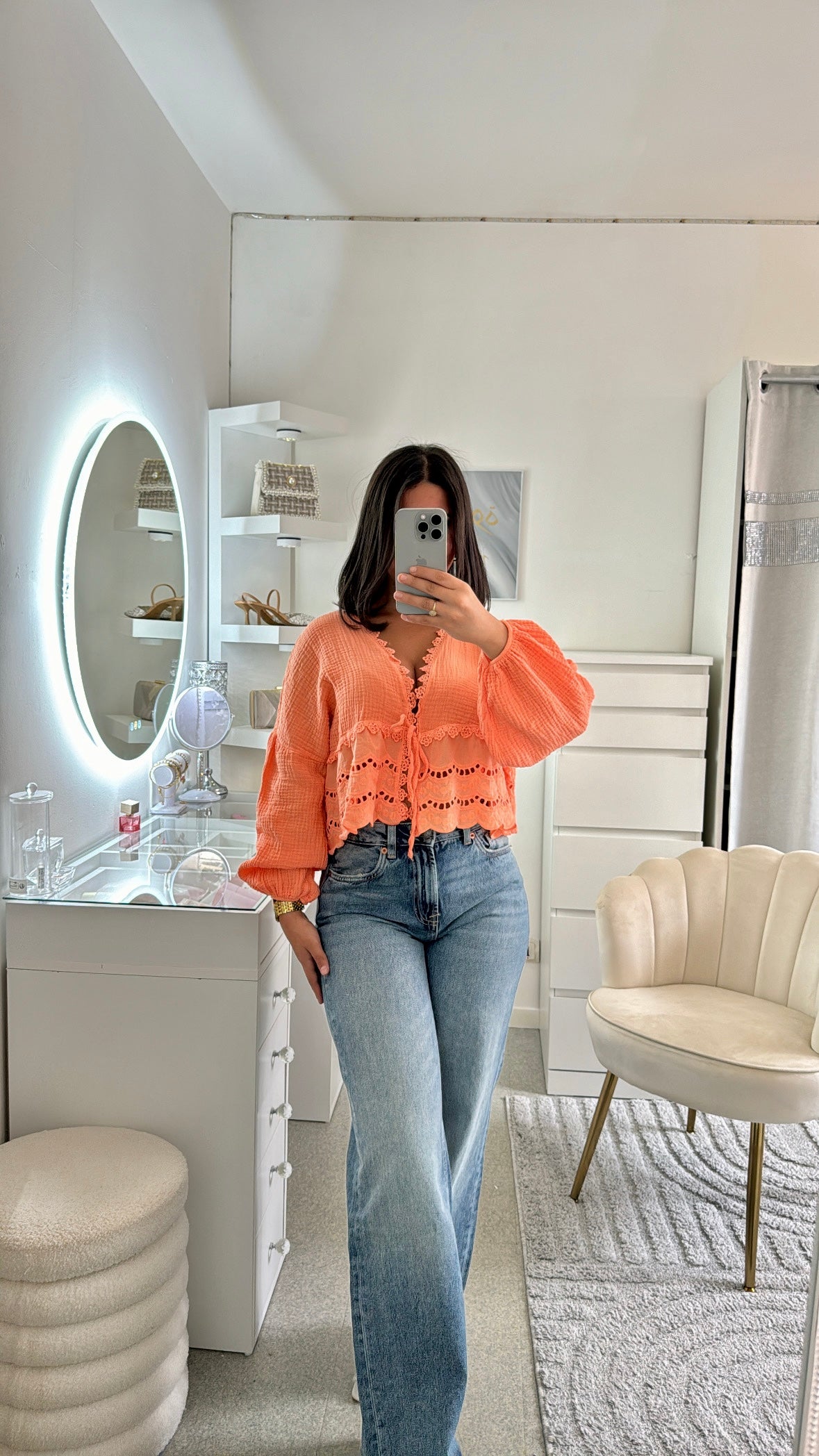 Chemise Naïa en gaz et dentelle orange